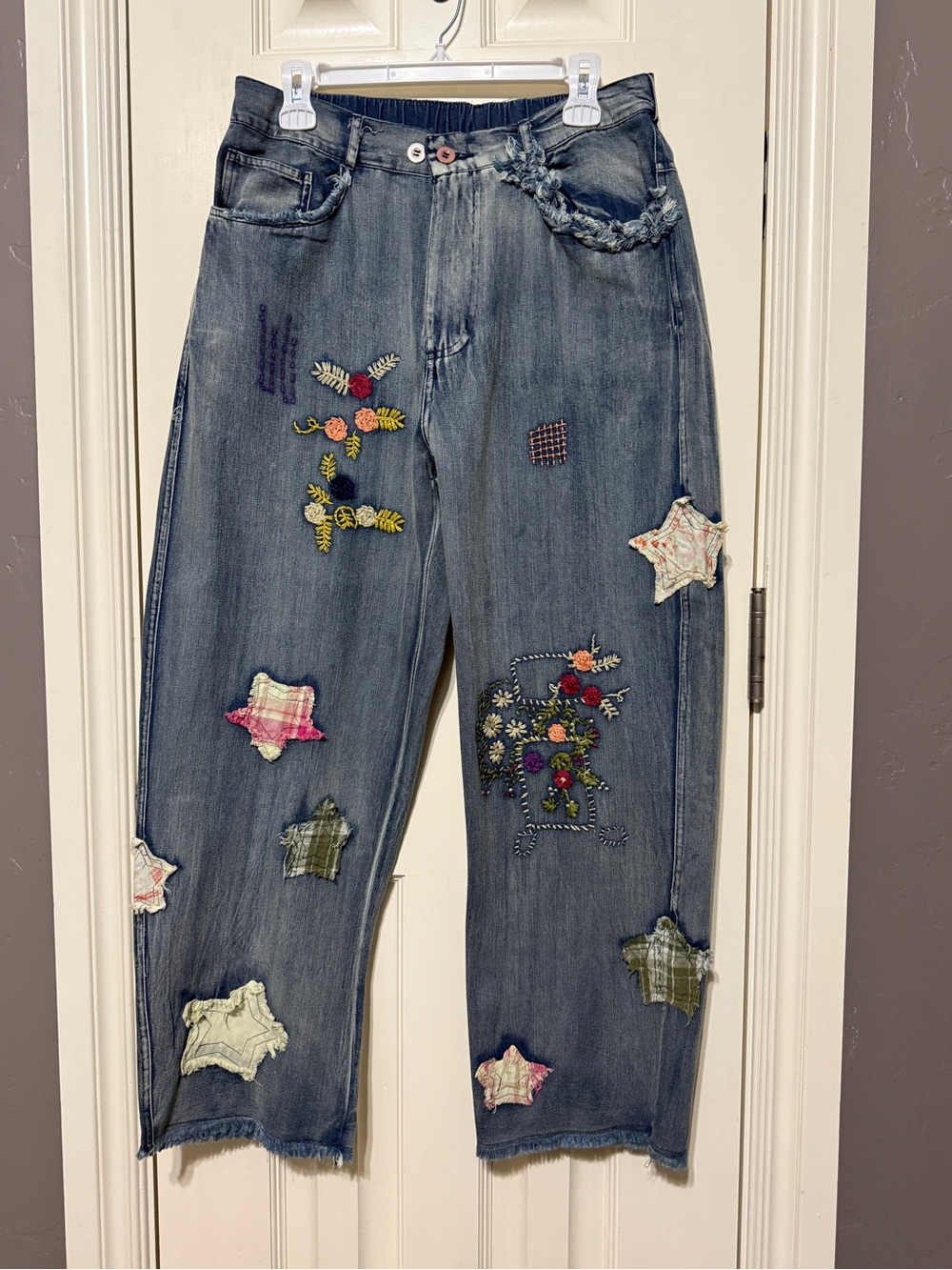 Blue Velvet Embroidered Patchwork Jeans - Blue
